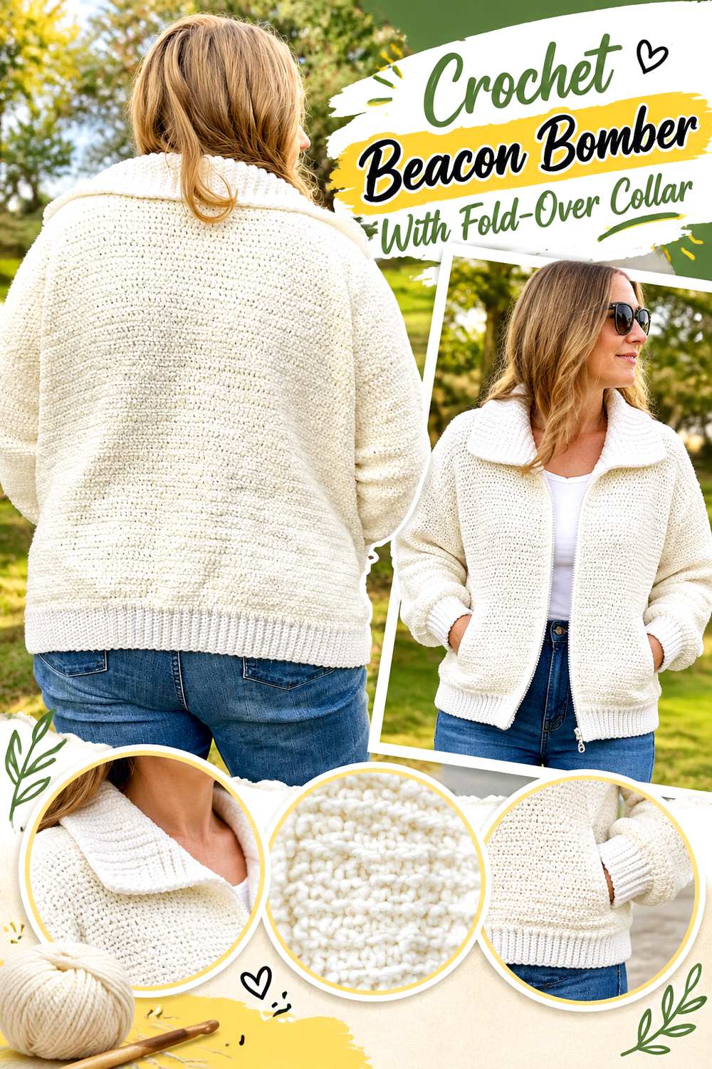 Crochet Beacon Bomber With Fold Over Collar