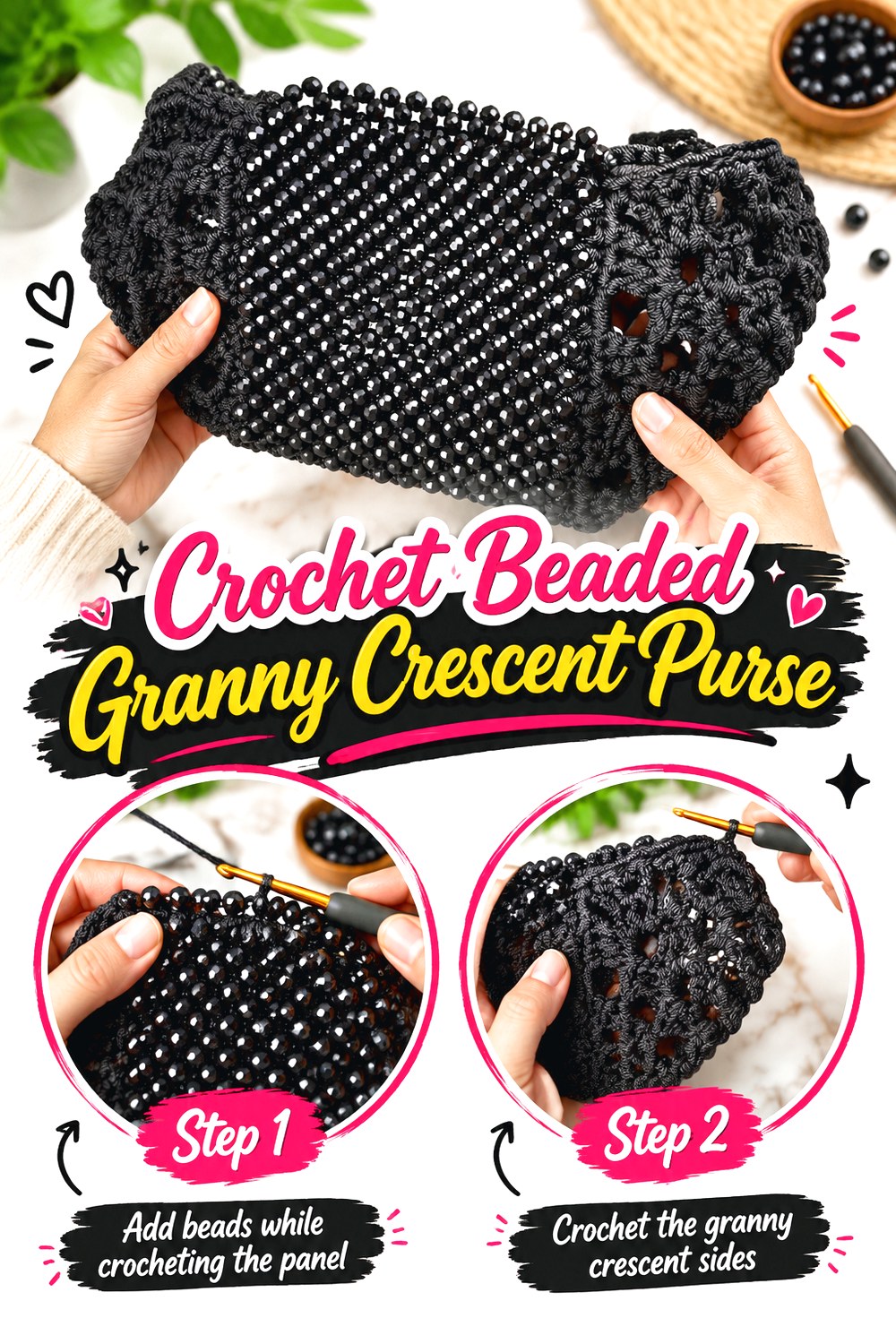 Crochet Beaded Granny Crescent Purse