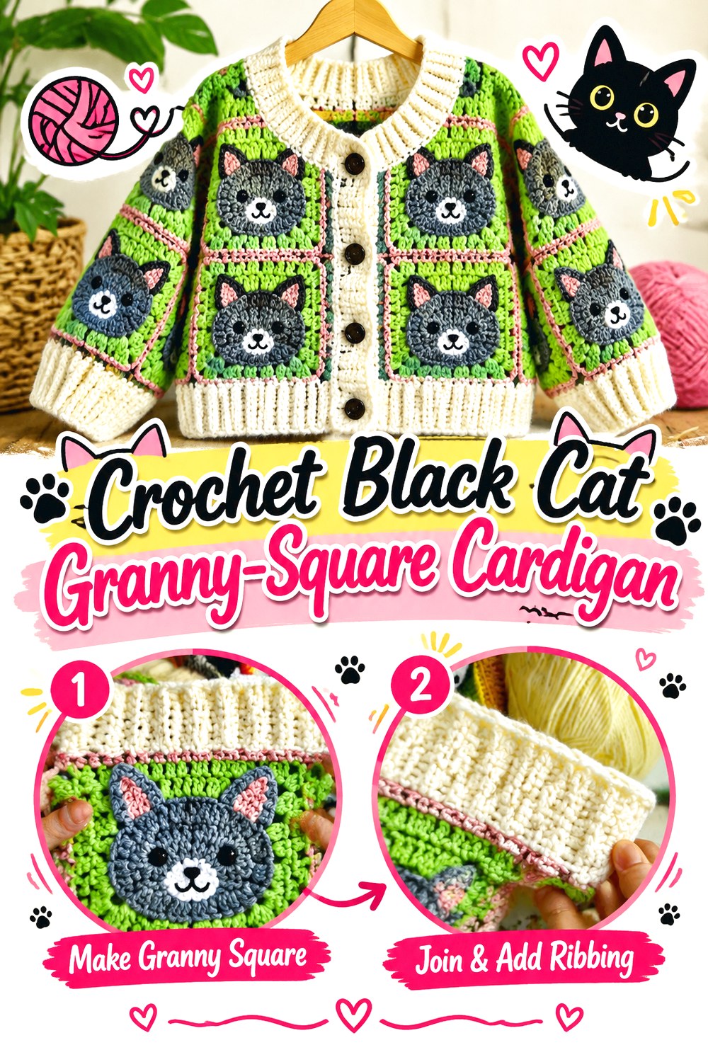 Crochet Black Cat Granny Square Cardigan