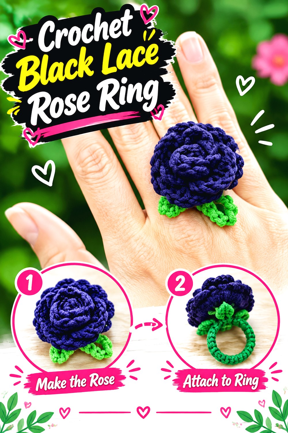 Crochet Black Lace Rose Ring