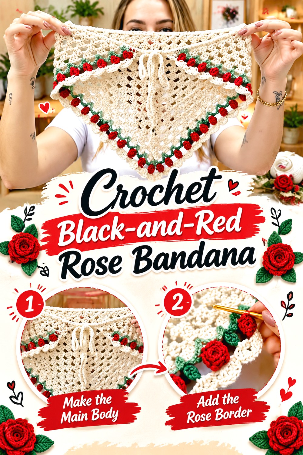 Crochet Black and Red Rose Bandana