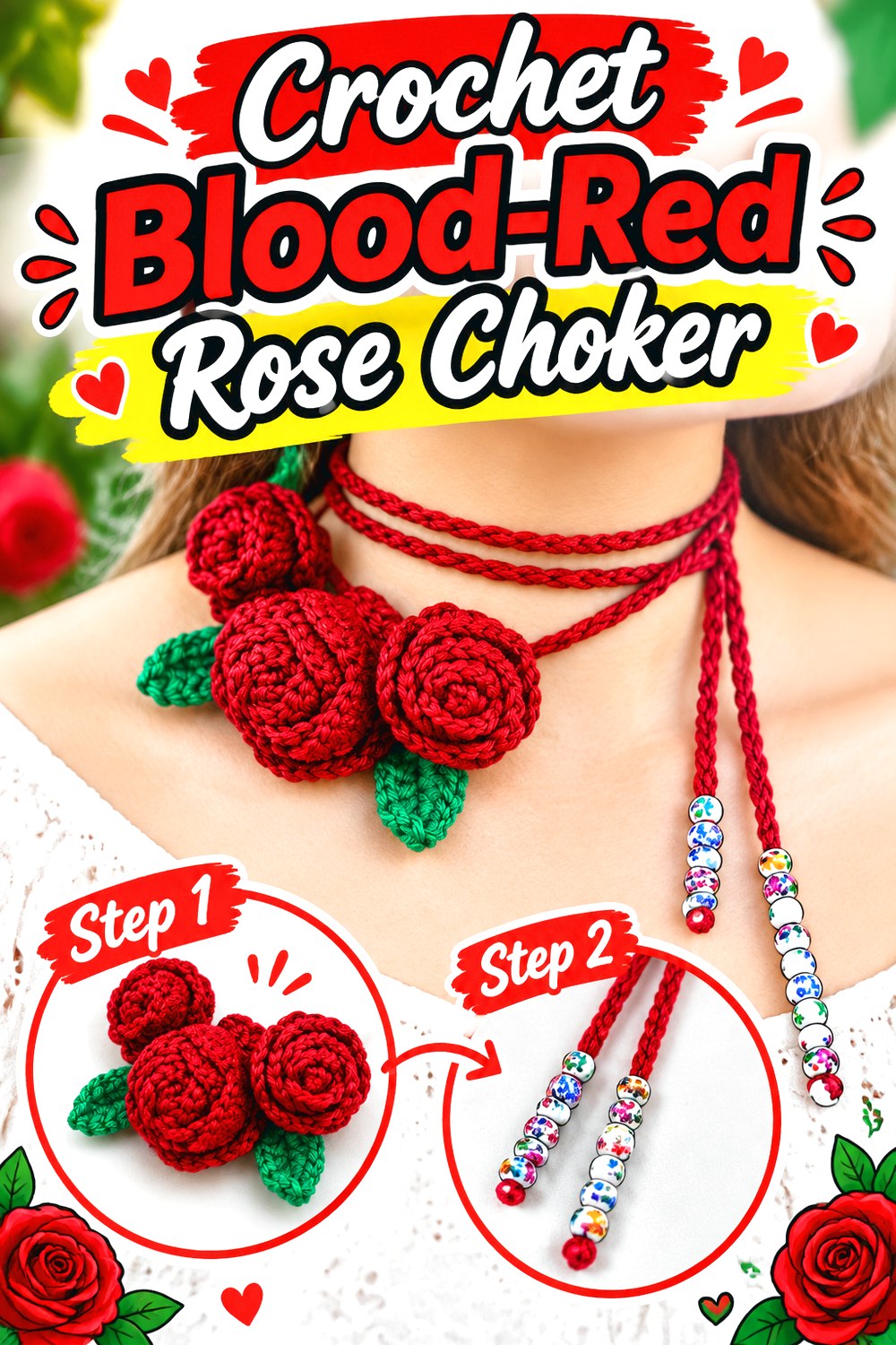 Crochet Blood Red Rose Choker