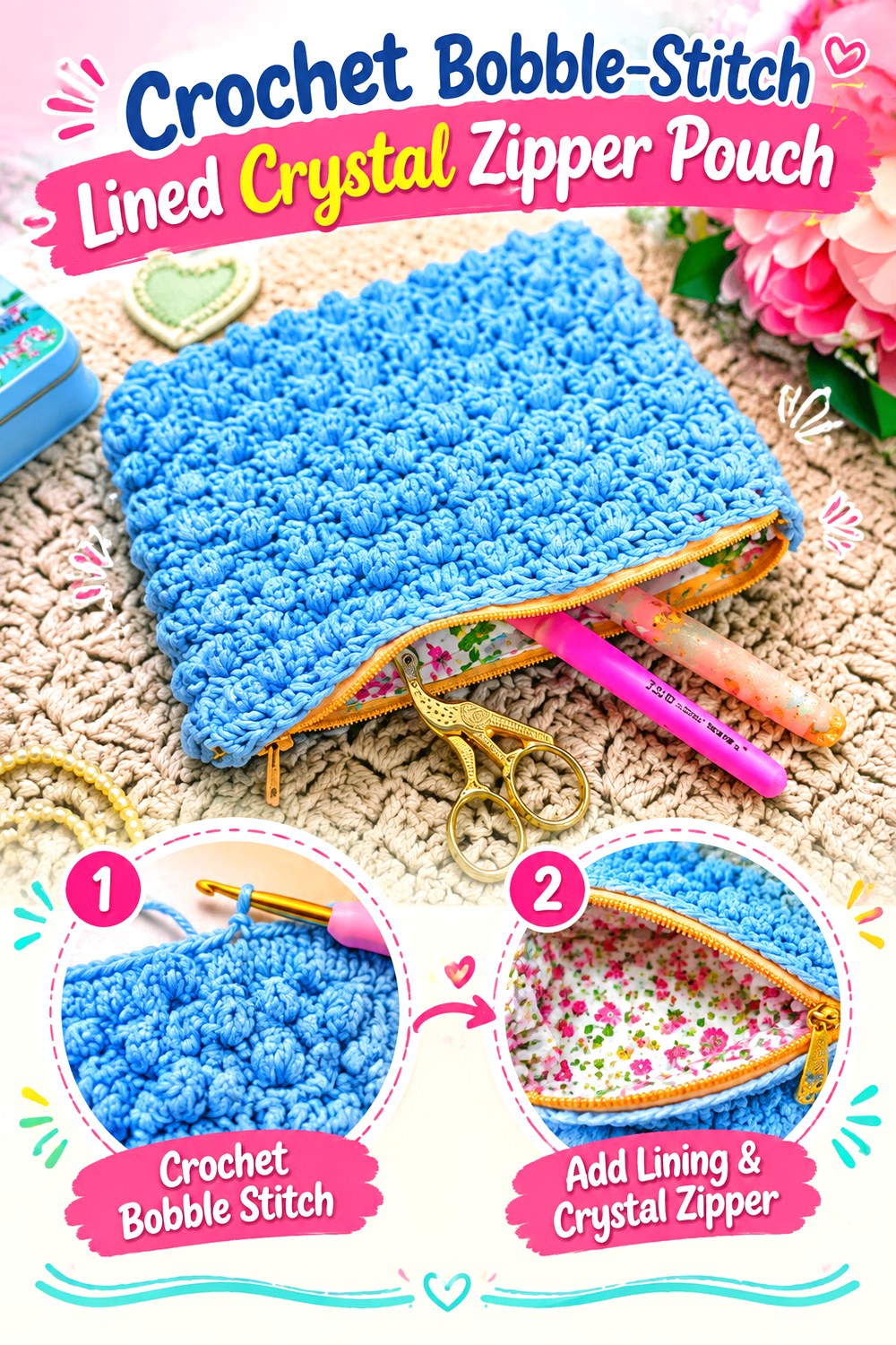 Crochet Bobble Stitch Lined Crystal Zipper Pouch