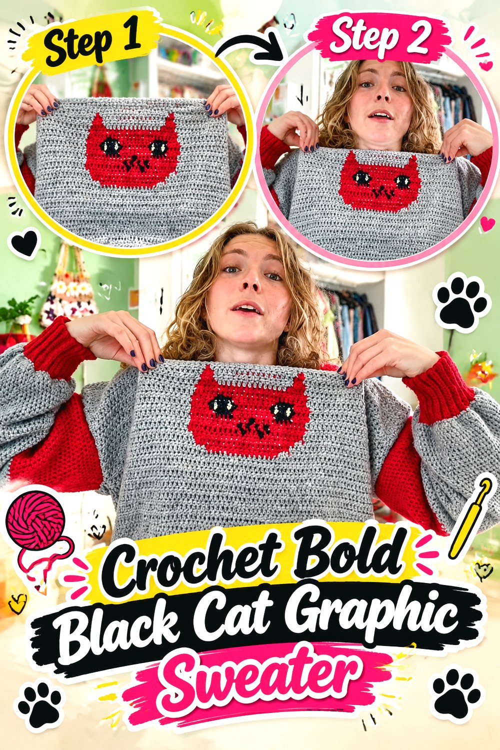 Crochet Bold Black Cat Graphic Sweater