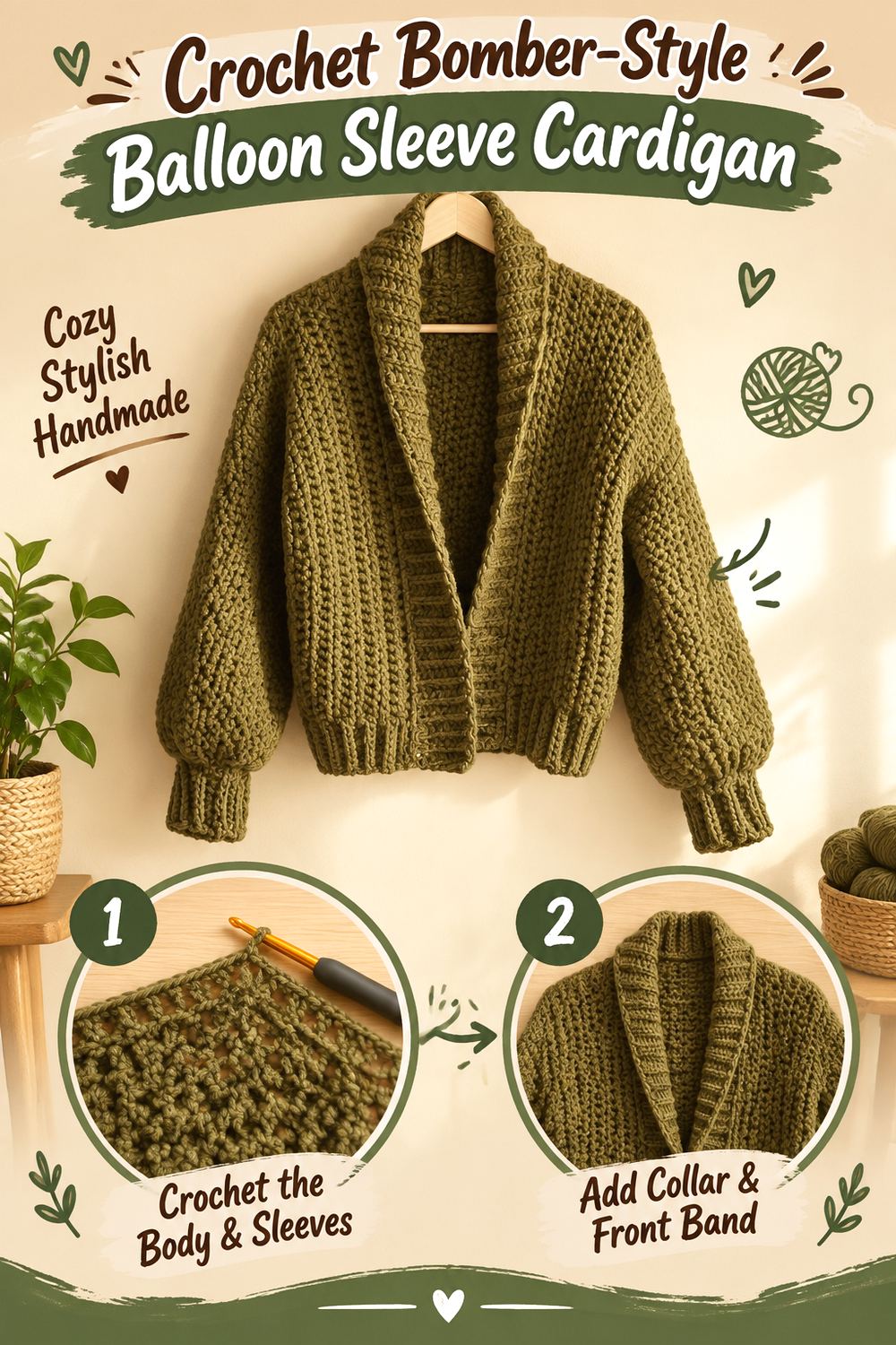 Crochet Bomber Style Balloon Sleeve Cardigan