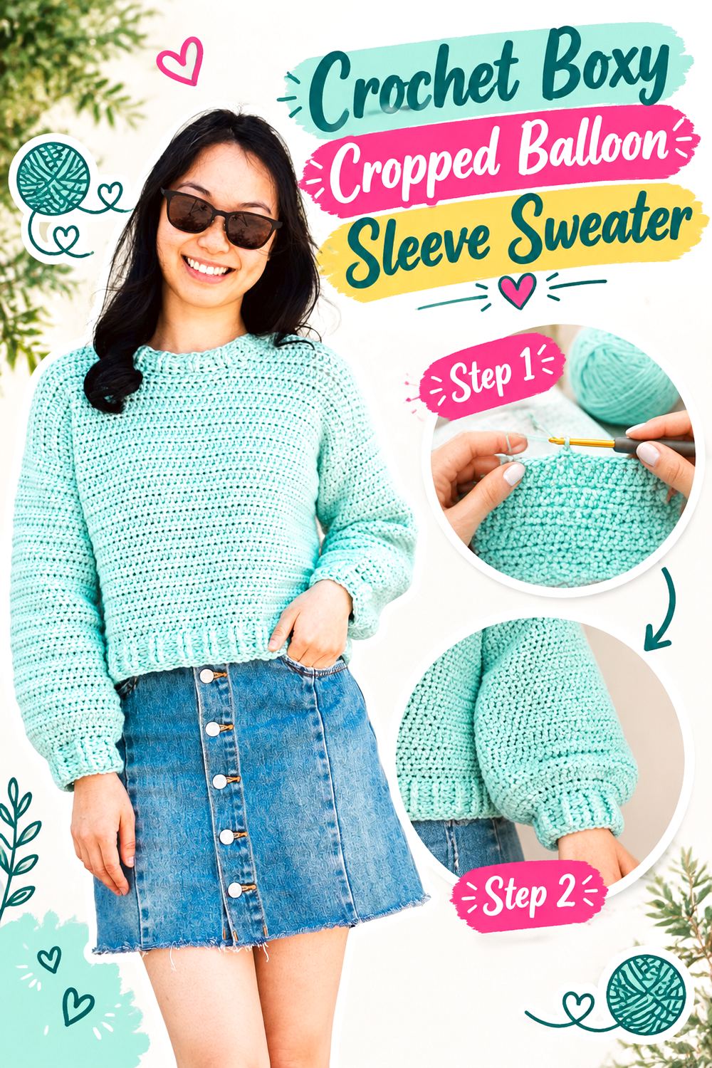 Crochet Boxy Cropped Balloon Sleeve Sweater