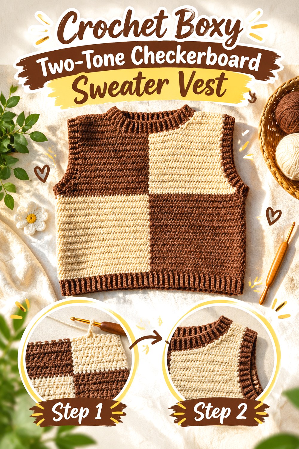 Crochet Boxy Two Tone Checkerboard Sweater Vest