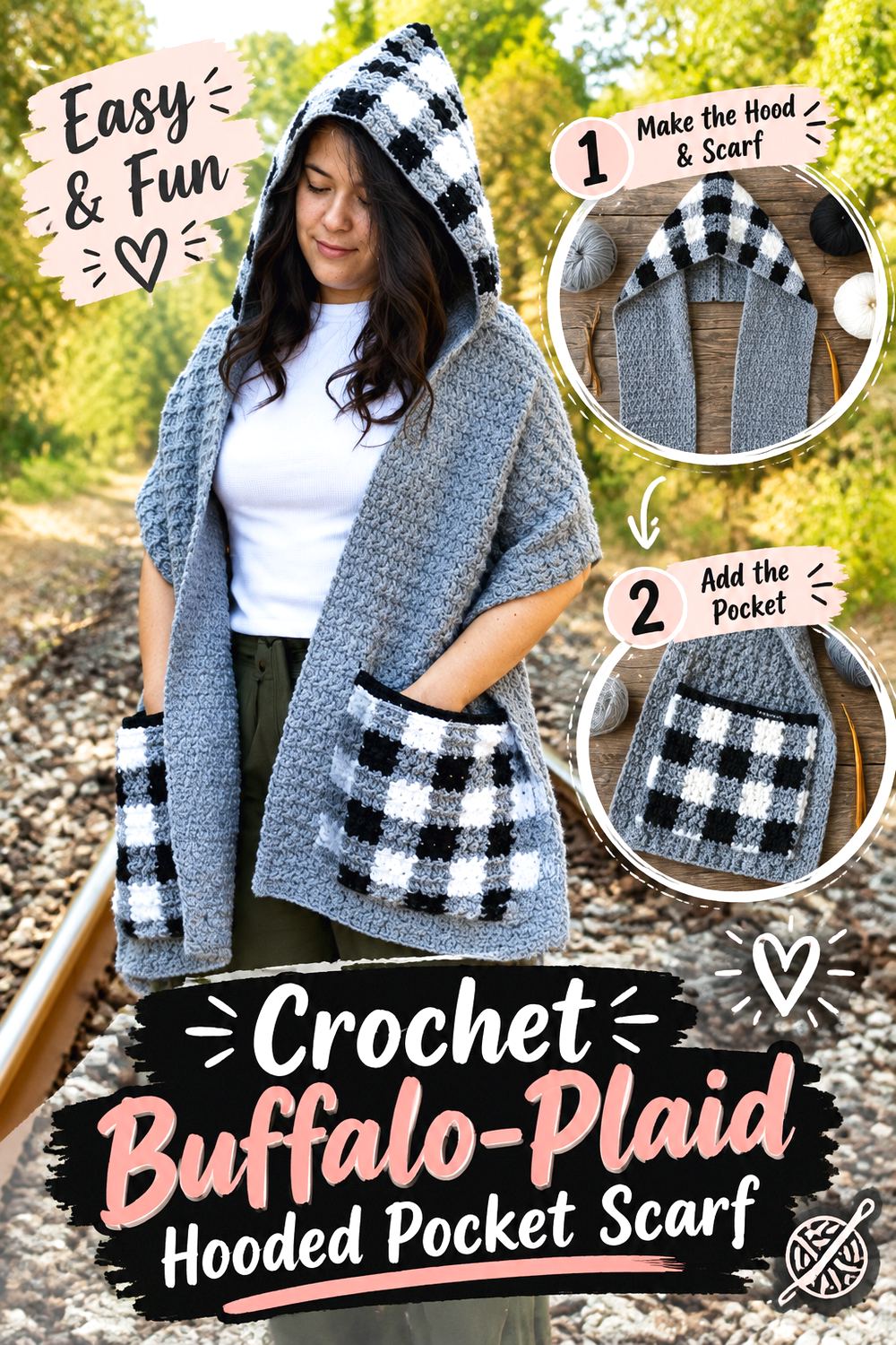 Crochet Buffalo Plaid Hooded Pocket Scarf