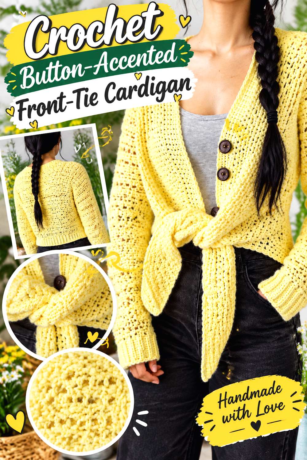 Crochet Button Accented Front Tie Cardigan