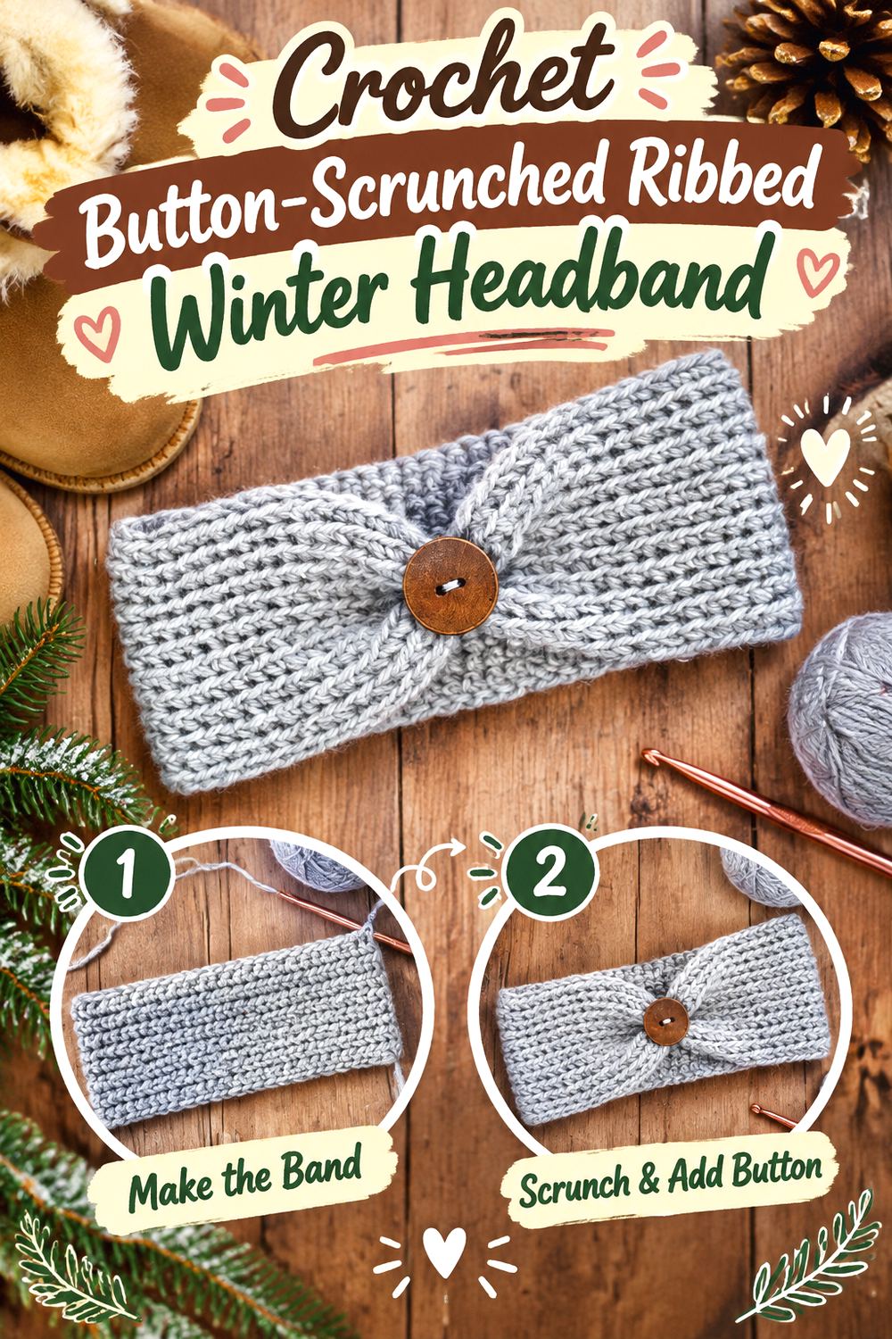 Crochet Button Scrunched Ribbed Winter Headband