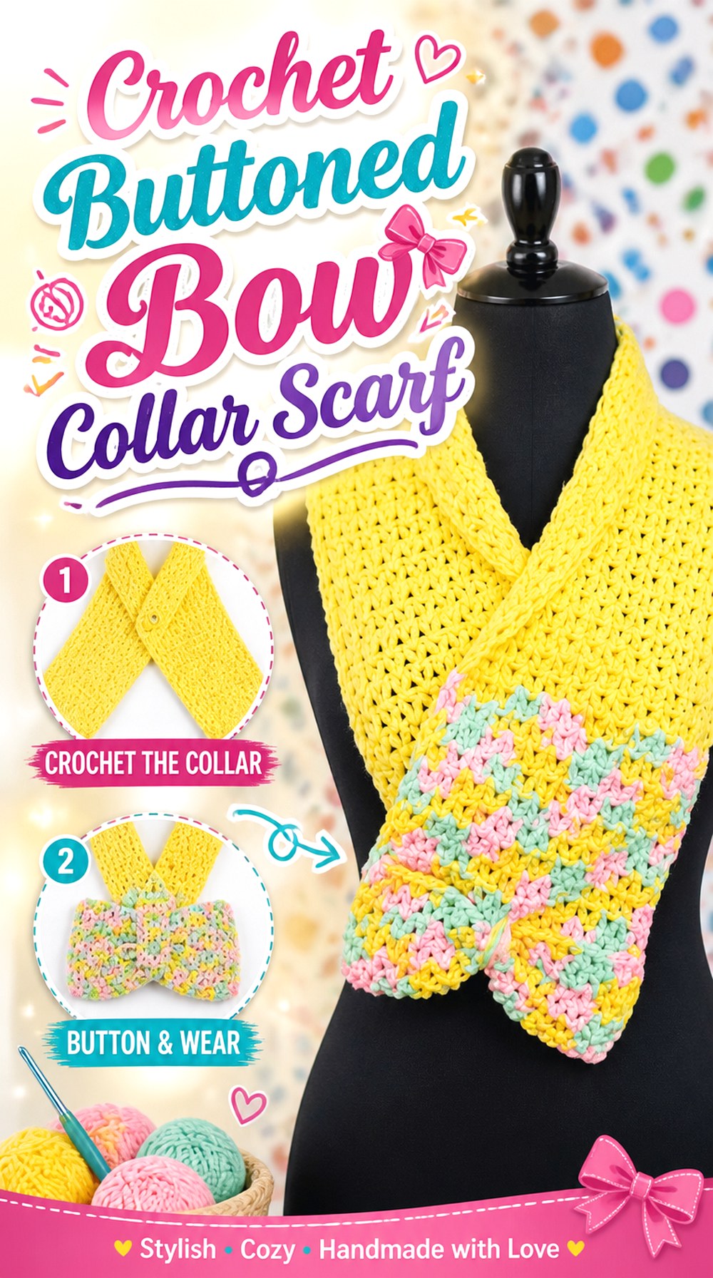 Crochet Buttoned Bow Collar Scarf