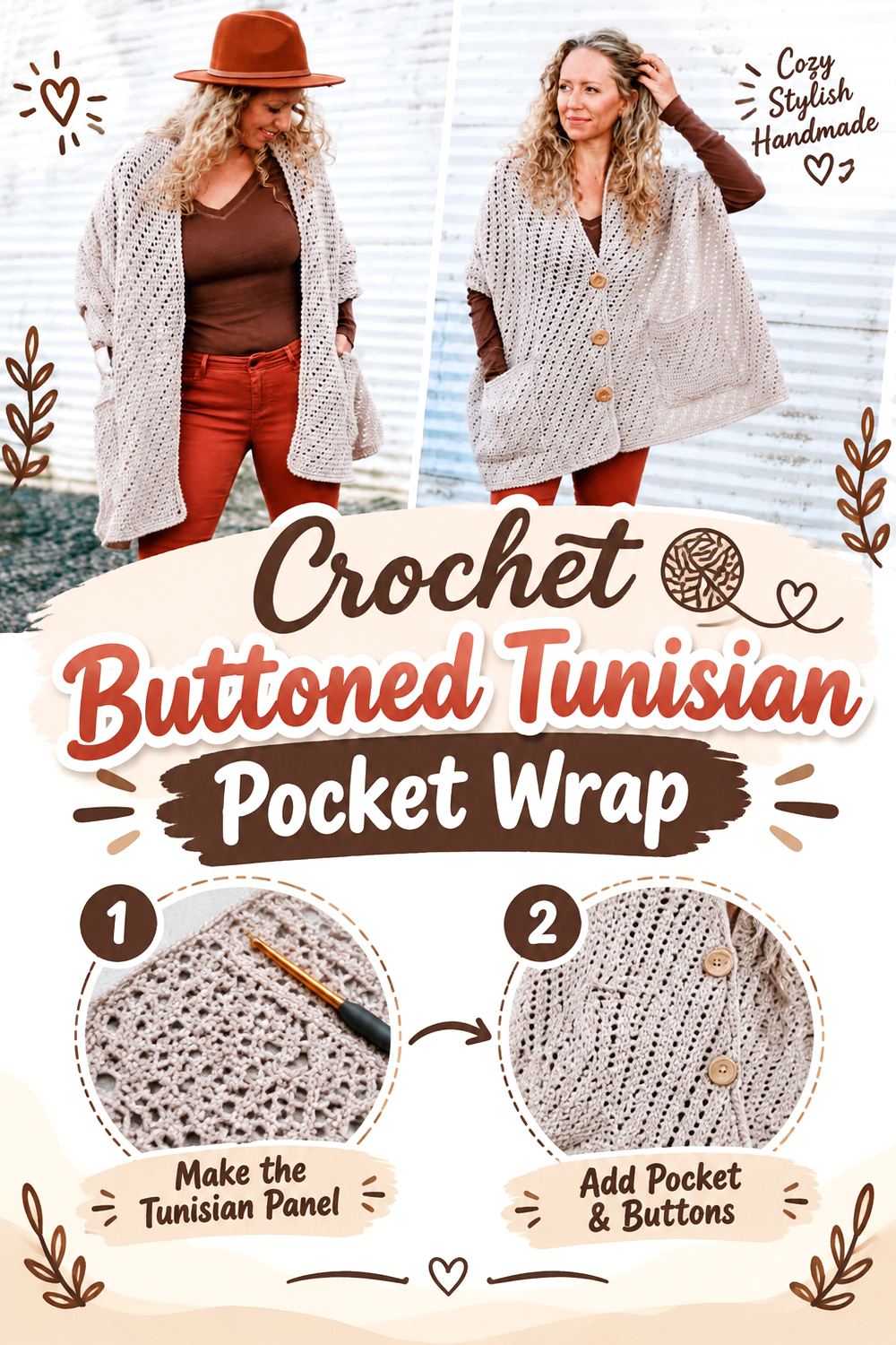 Crochet Buttoned Tunisian Pocket Wrap