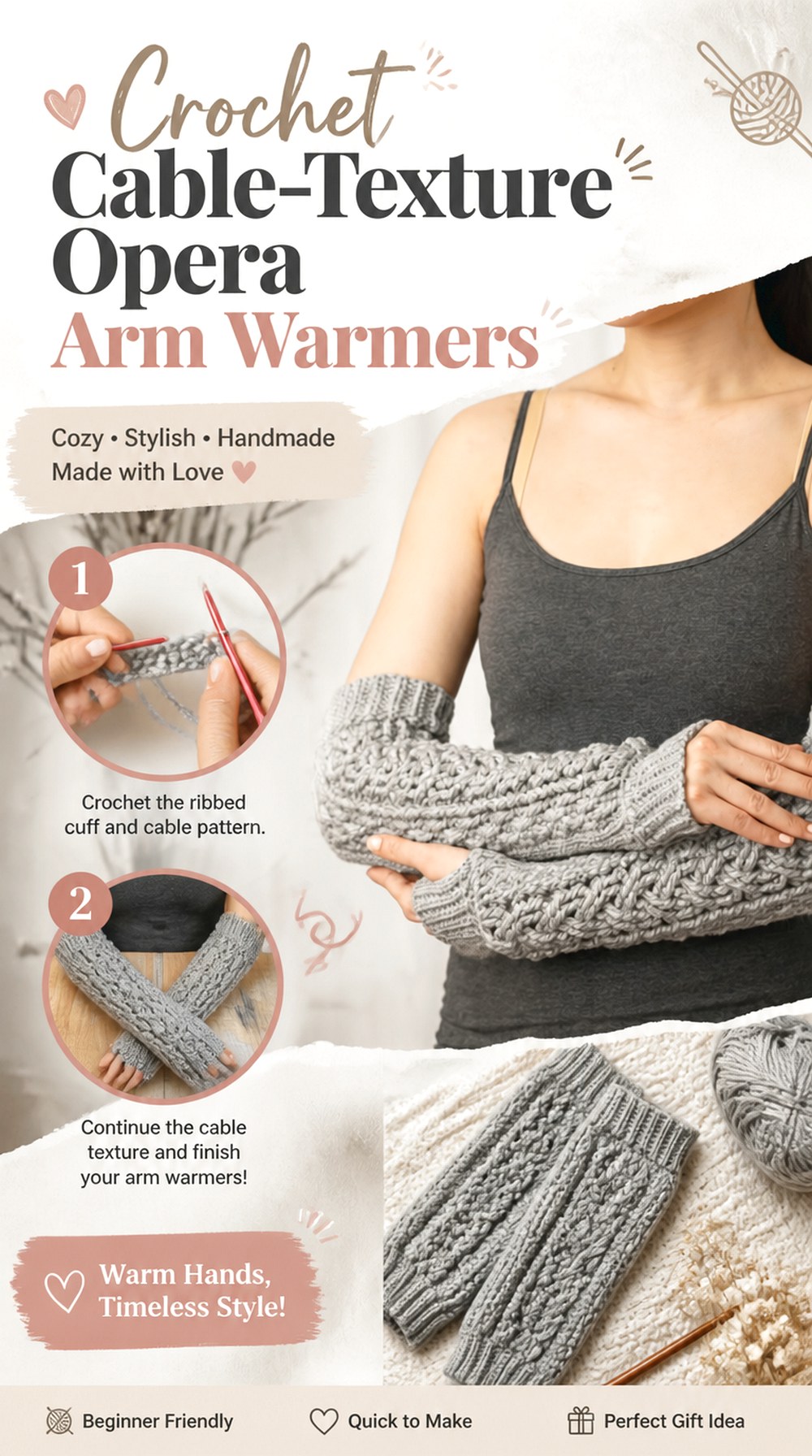 Crochet Cable Texture Opera Arm Warmers