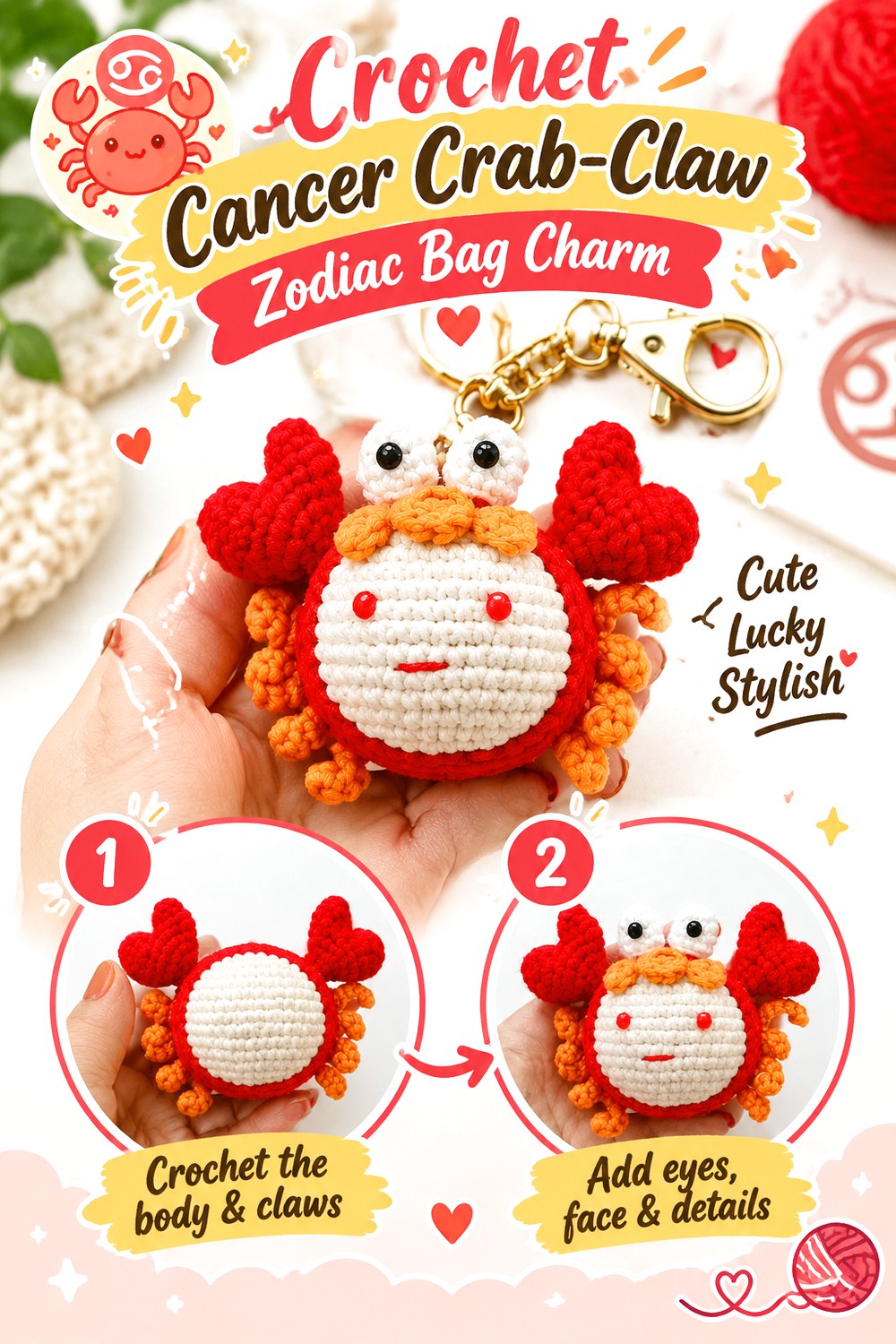 Crochet Cancer Crab Claw Zodiac Bag Charm