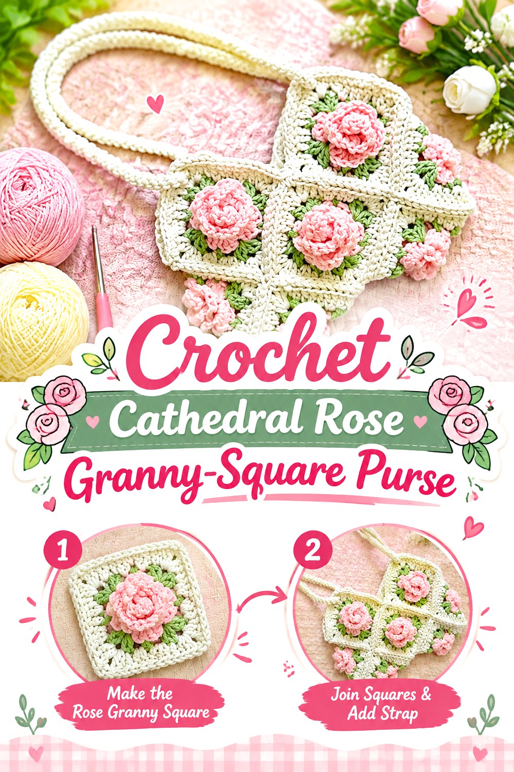 Crochet Cathedral Rose Granny Square Purse