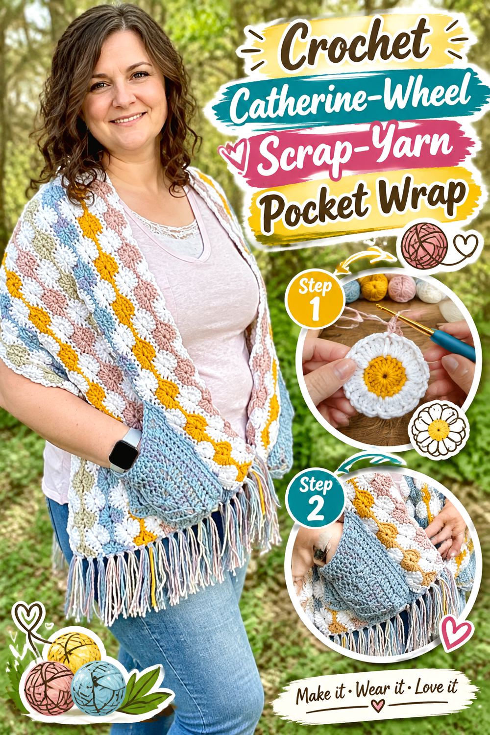 Crochet Catherine Wheel Scrap Yarn Pocket Wrap