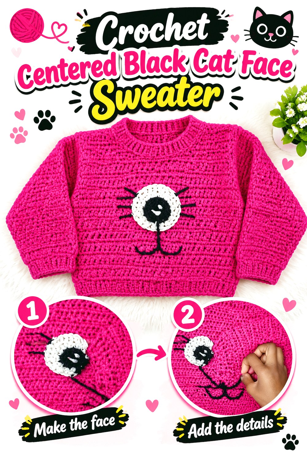 Crochet Centered Black Cat Face Sweater