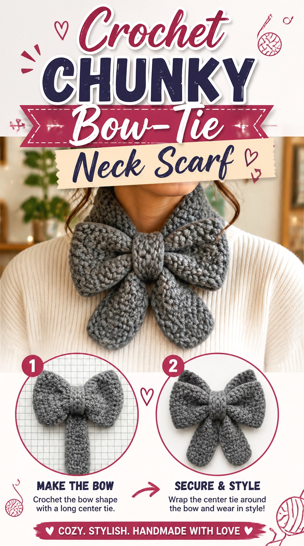 Crochet Chunky Bow Tie Neck Scarf
