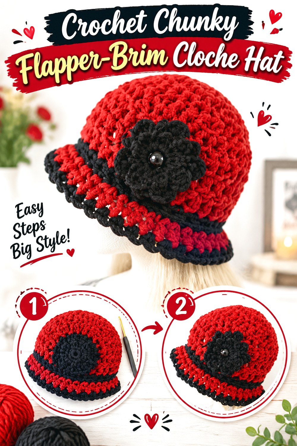 Crochet Chunky Flapper Brim Cloche Hat