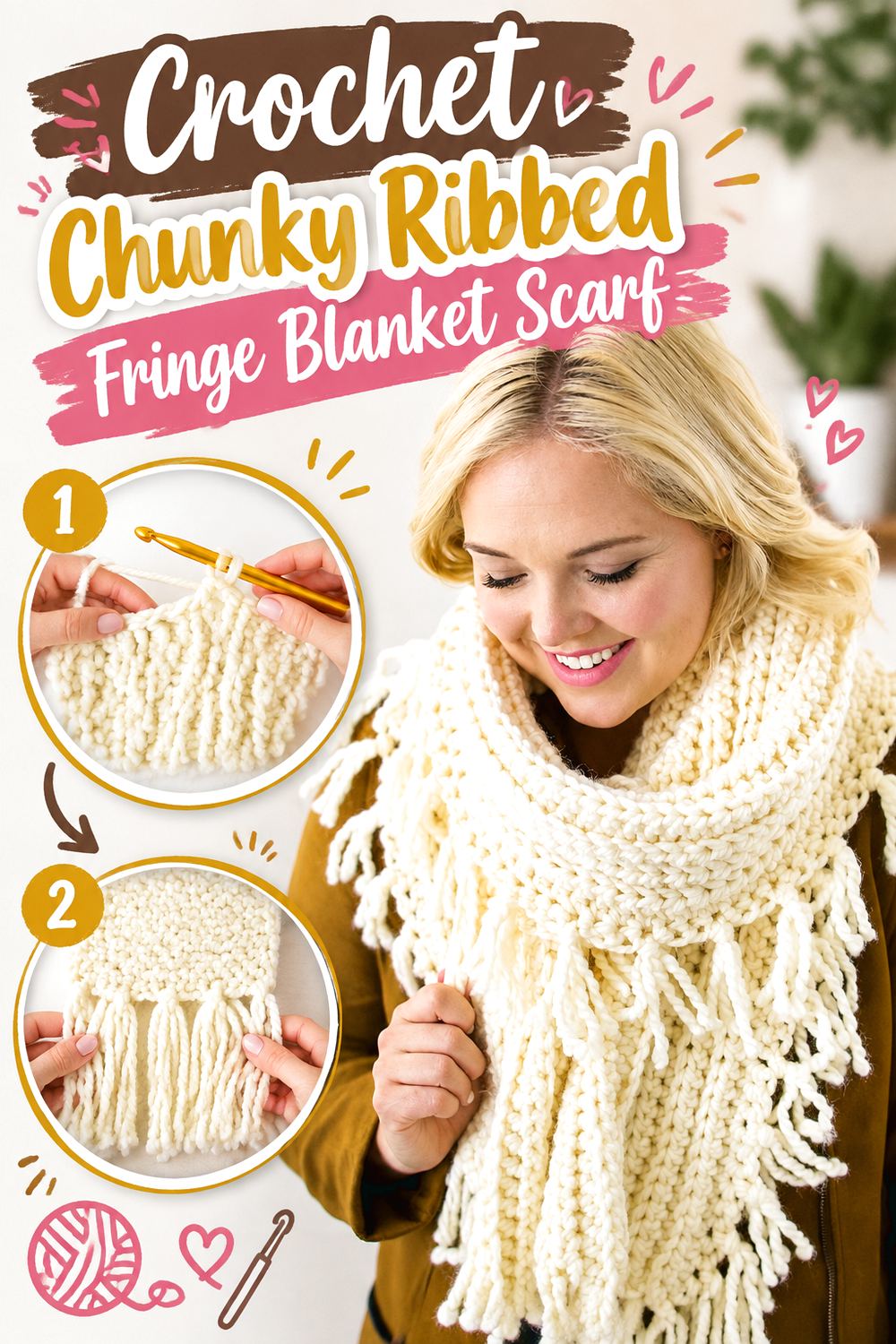 Crochet Chunky Ribbed Fringe Blanket Scarf