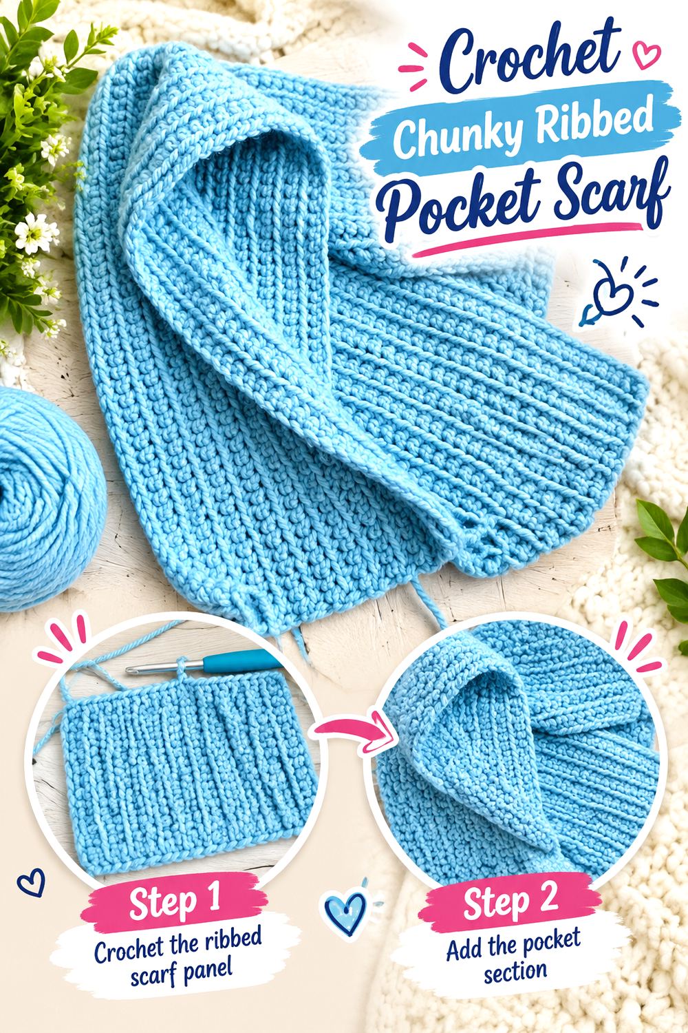 Crochet Chunky Ribbed Pocket Scarf