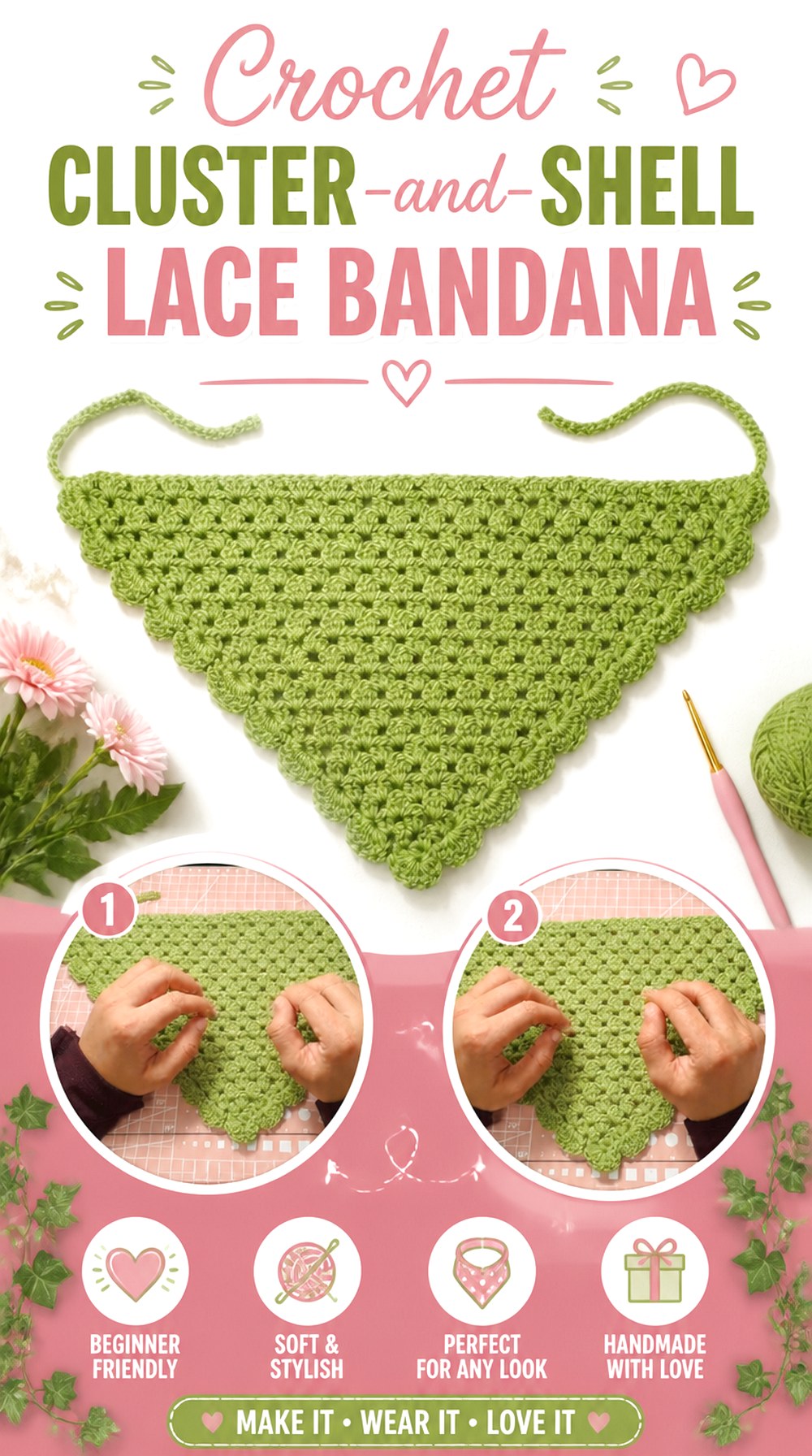 Crochet Cluster and Shell Lace Bandana