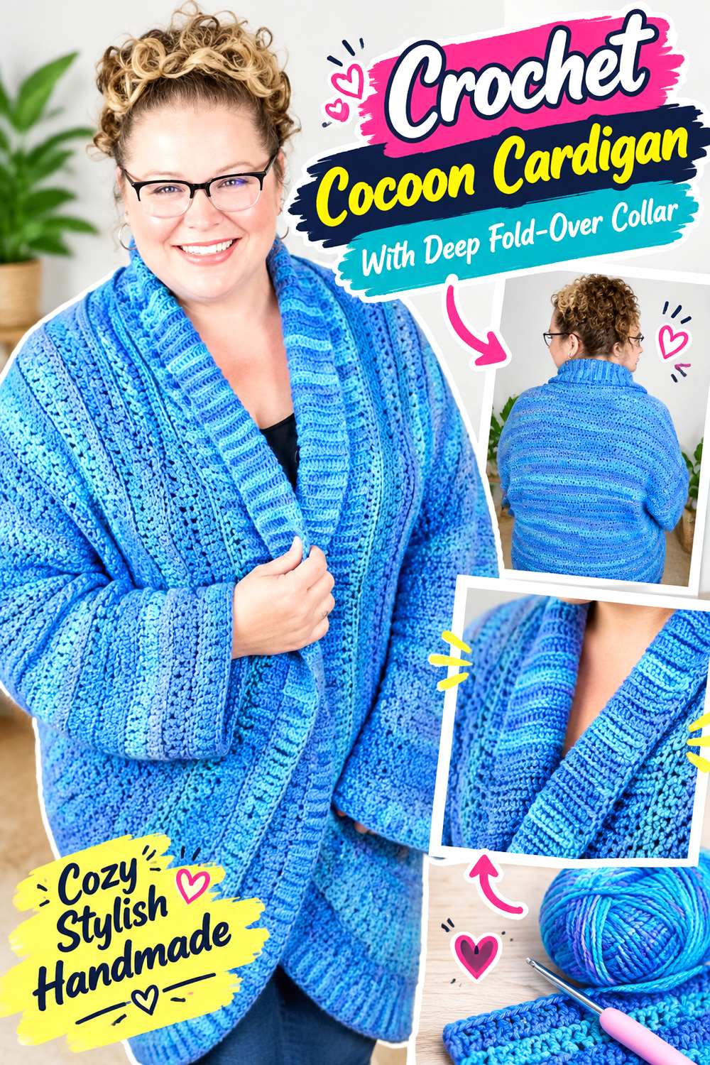 Crochet Cocoon Cardigan With Deep Fold Over Collar