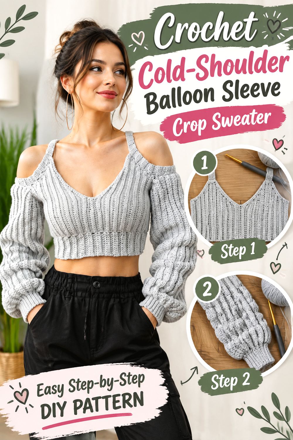 Crochet Cold Shoulder Balloon Sleeve Crop Sweater