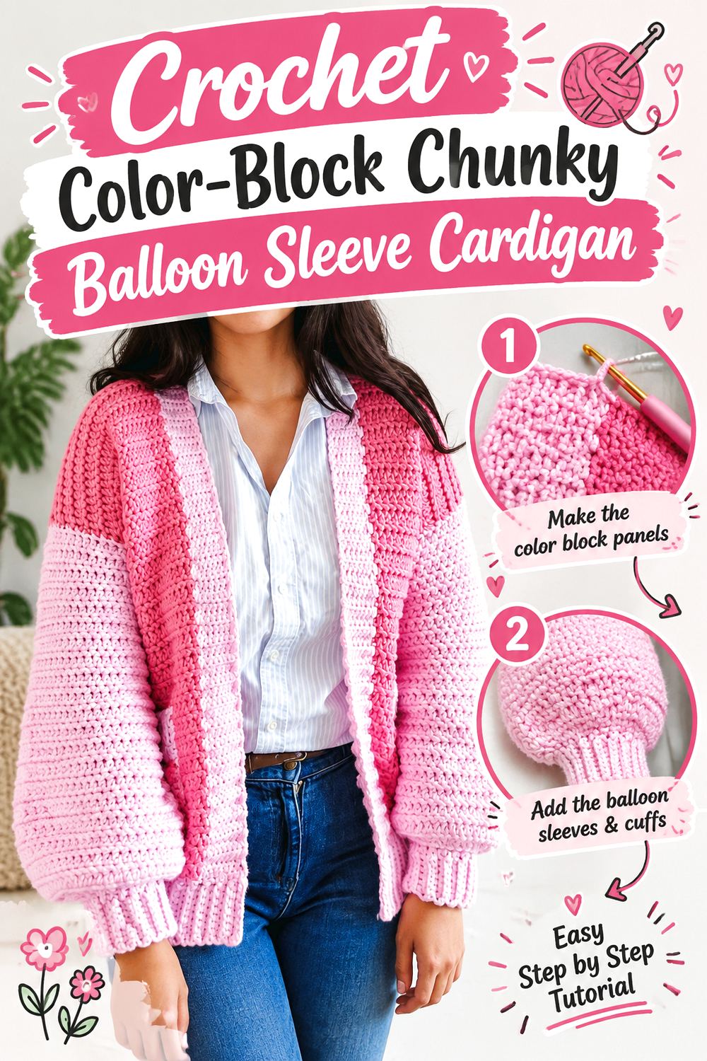 Crochet Color Block Chunky Balloon Sleeve Cardigan