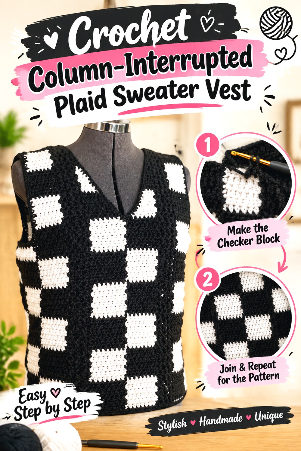 Crochet Column Interrupted Plaid Sweater Vest