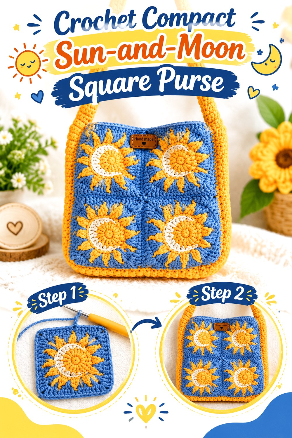 Crochet Compact Sun and Moon Square Purse