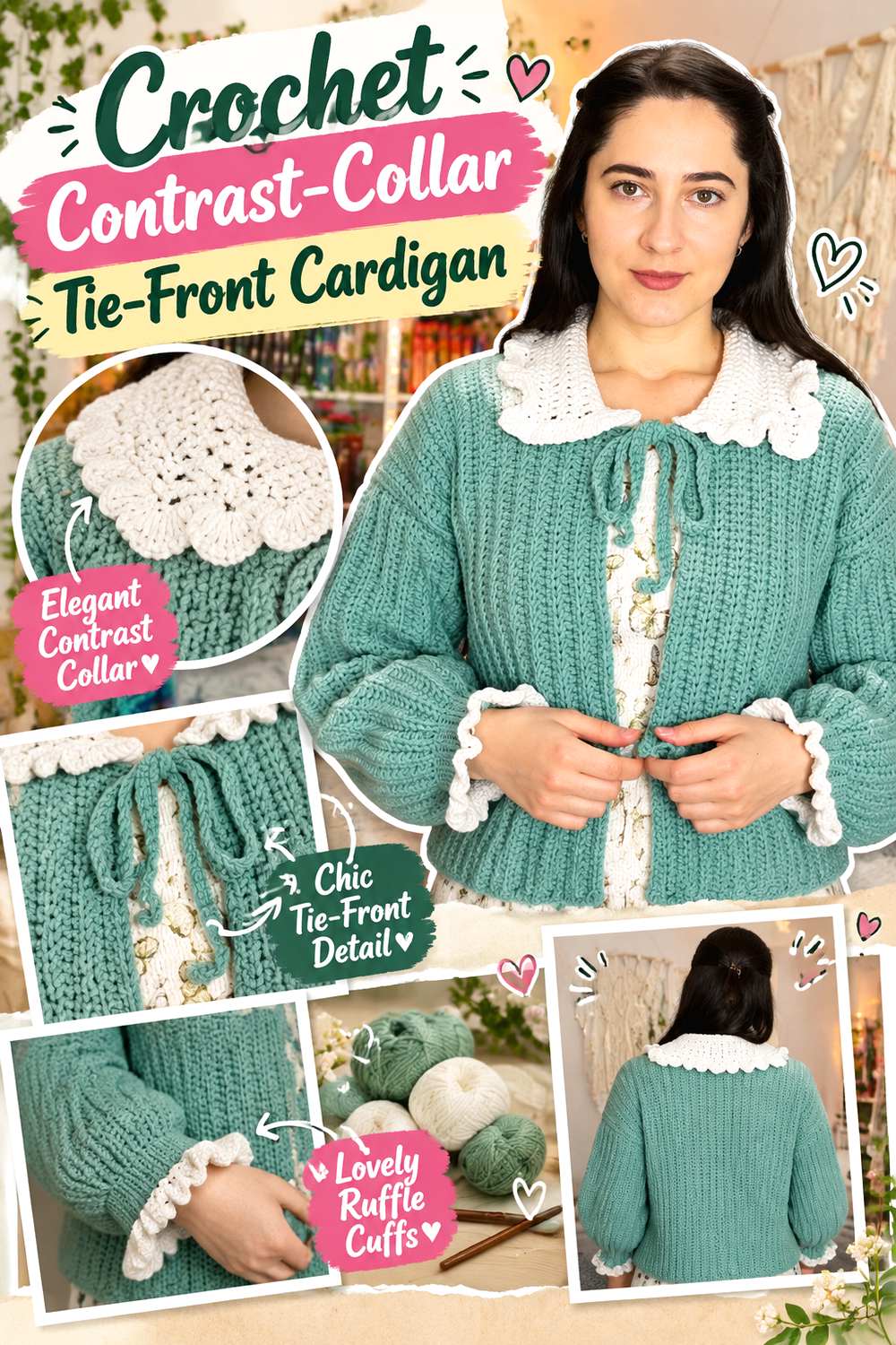 Crochet Contrast Collar Tie Front Cardigan