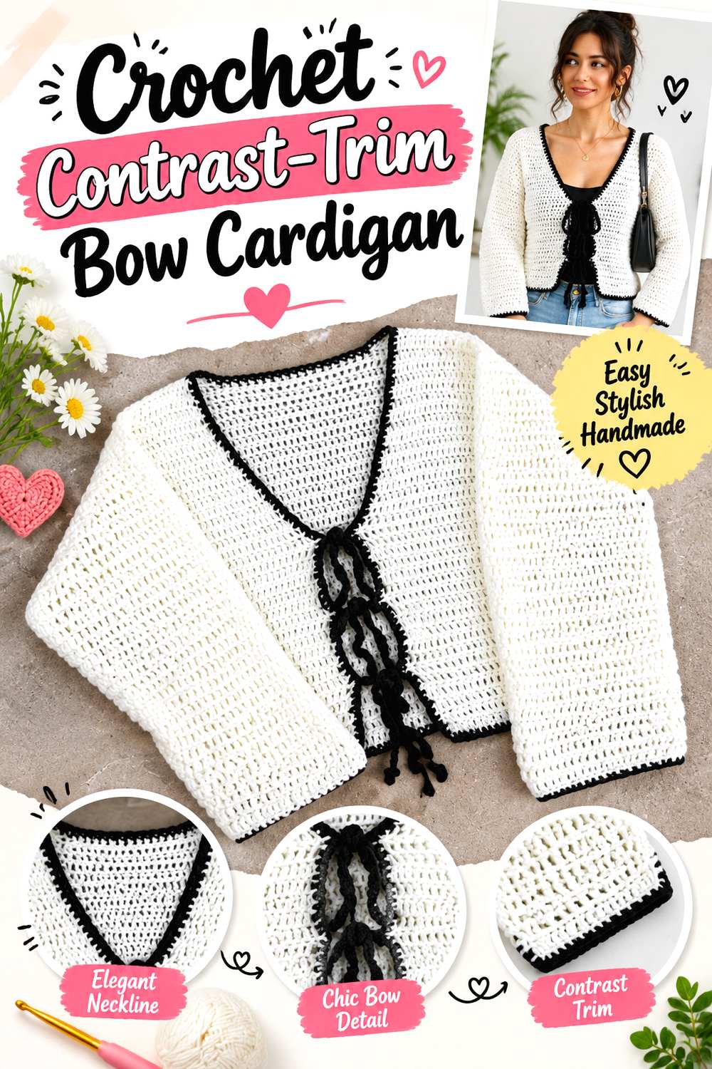 Crochet Contrast Trim Bow Cardigan