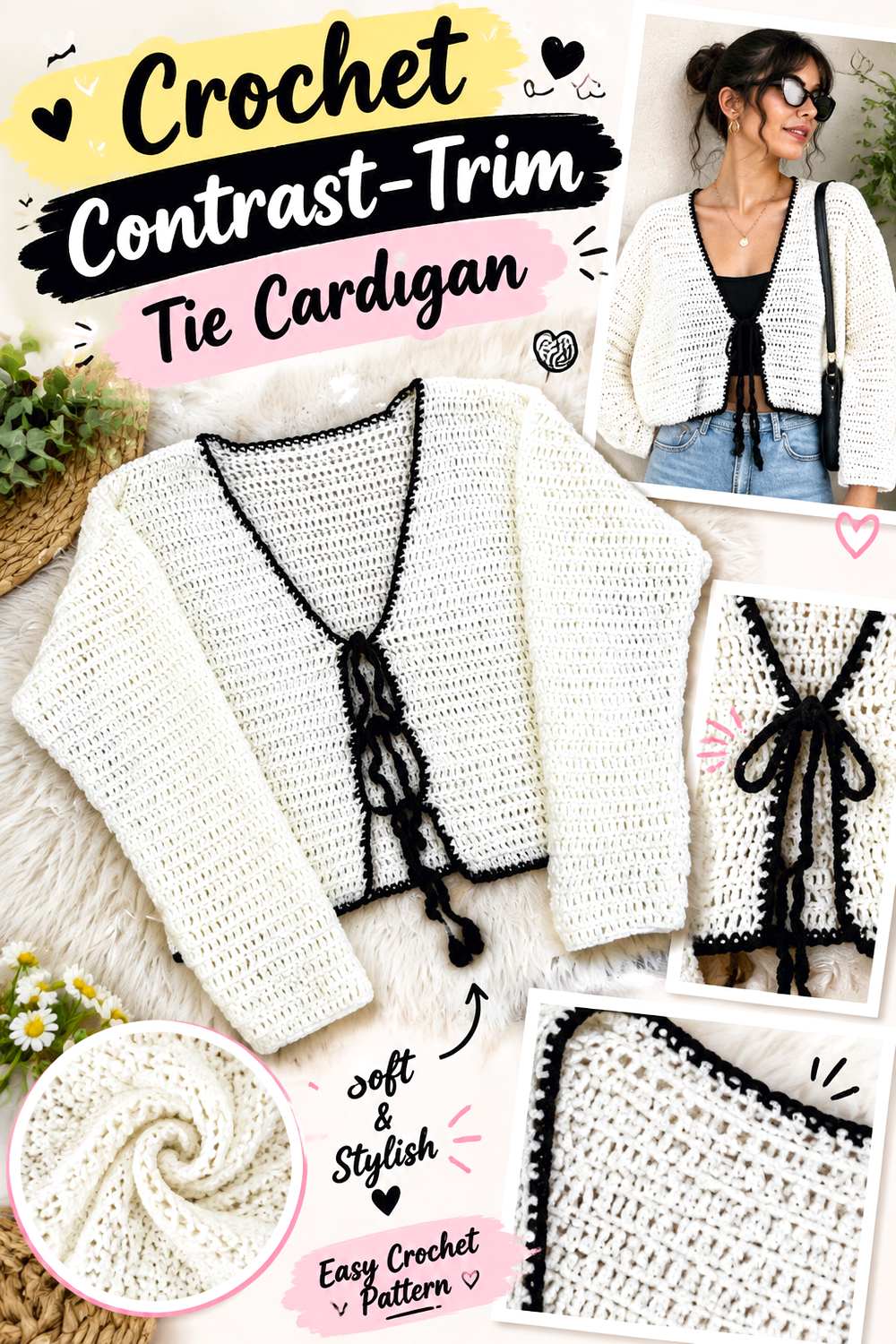 Crochet Contrast Trim Tie Cardigan