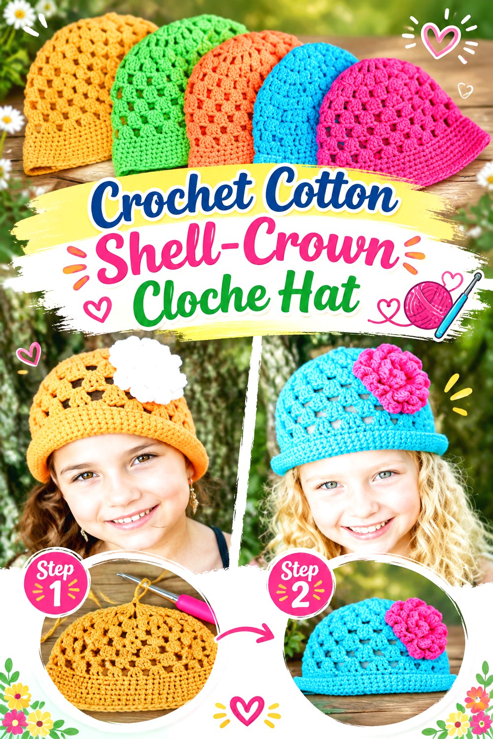 Crochet Cotton Shell Crown Cloche Hat