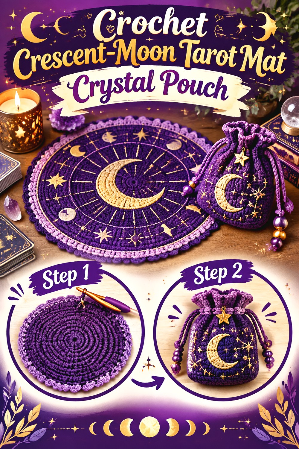Crochet Crescent Moon Tarot Mat Crystal Pouch