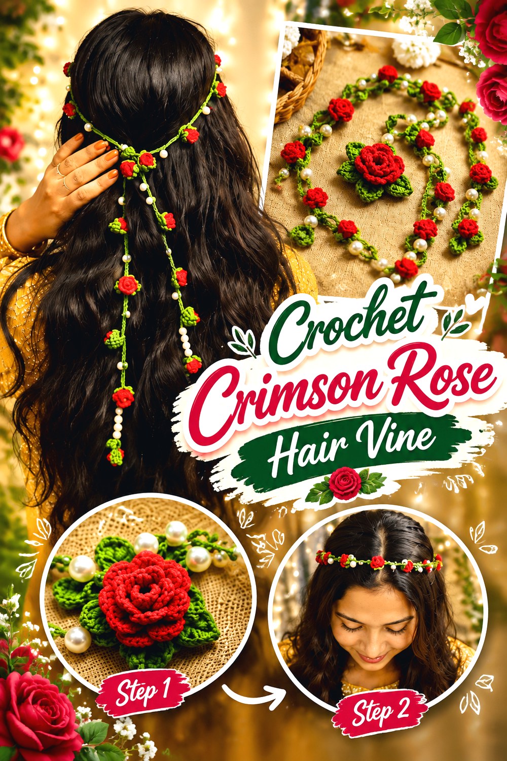 Crochet Crimson Rose Hair Vine