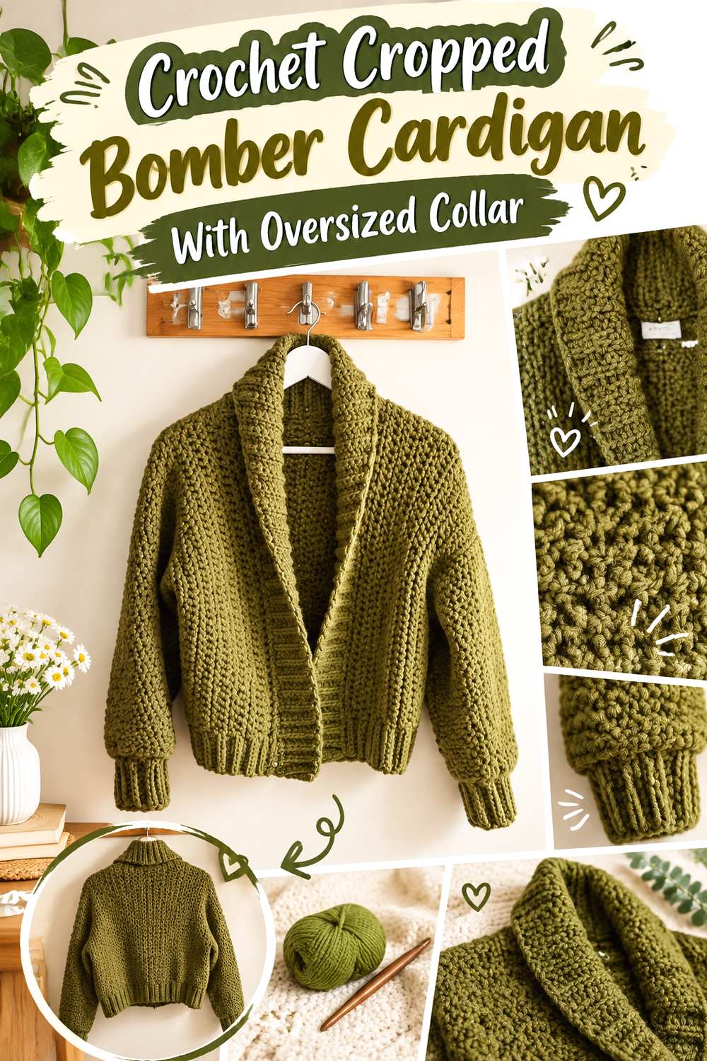 Crochet Cropped Bomber Cardigan With Oversized Collar