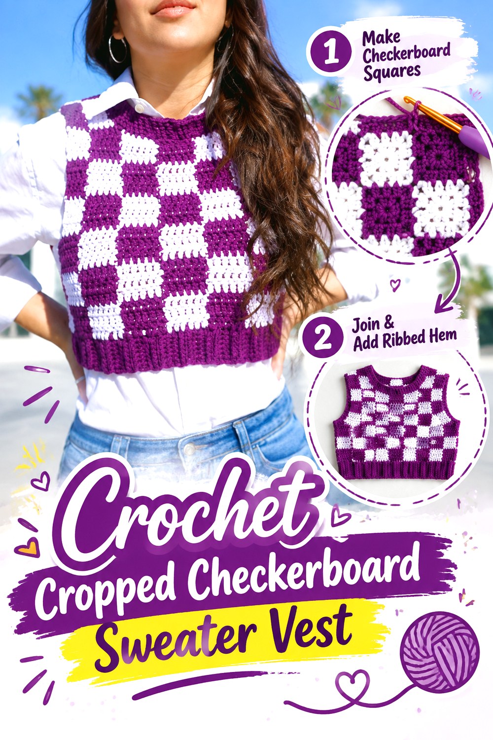 Crochet Cropped Checkerboard Sweater Vest