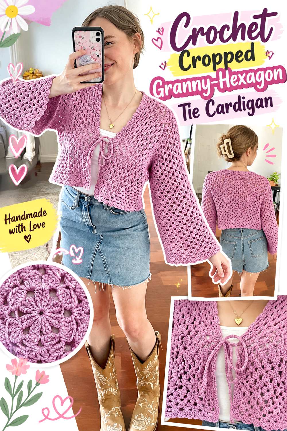 Crochet Cropped Granny Hexagon Tie Cardigan