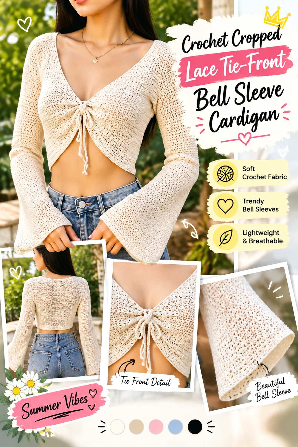 Crochet Cropped Lace Tie Front Bell Sleeve Cardigan