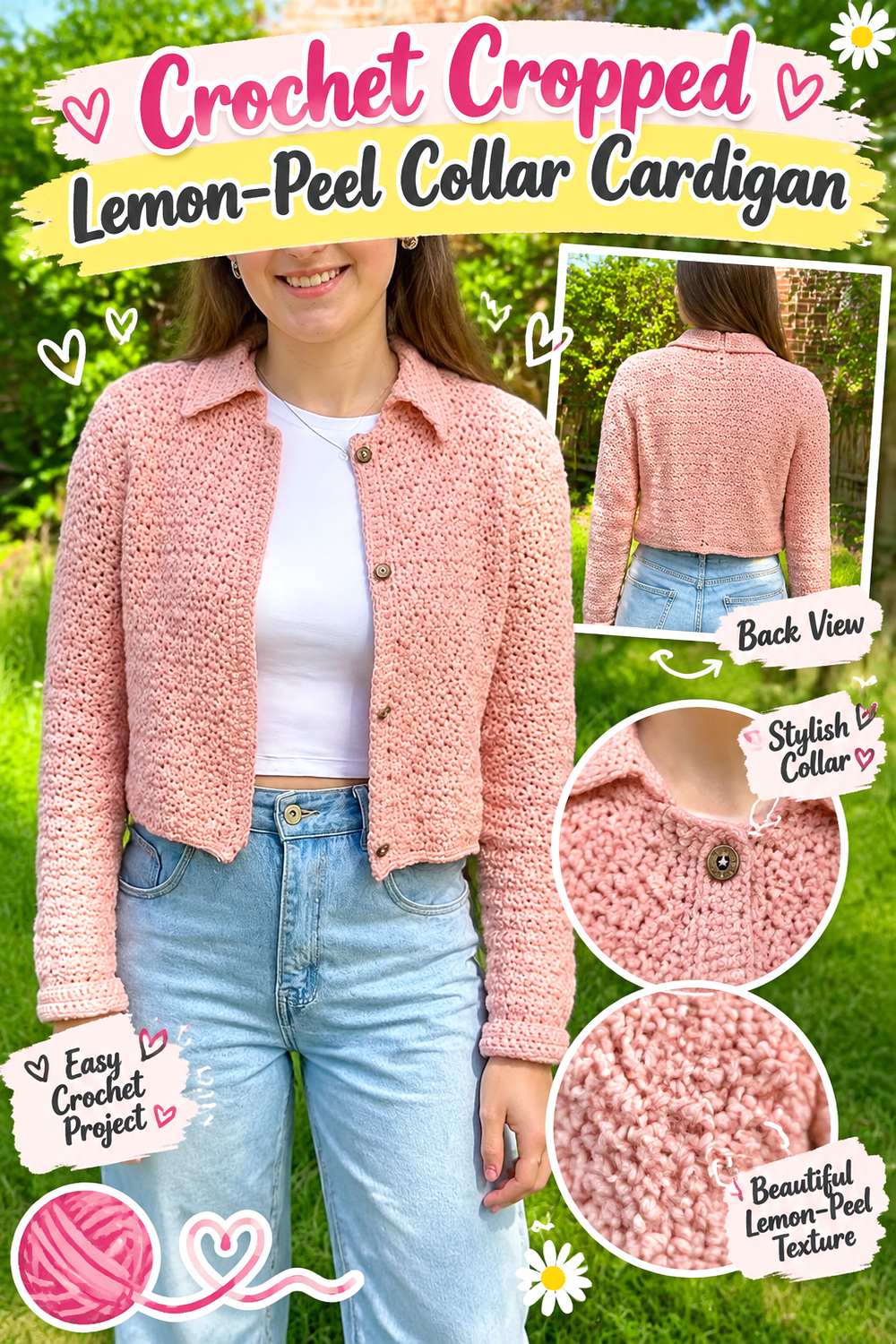 Crochet Cropped Lemon Peel Collar Cardigan