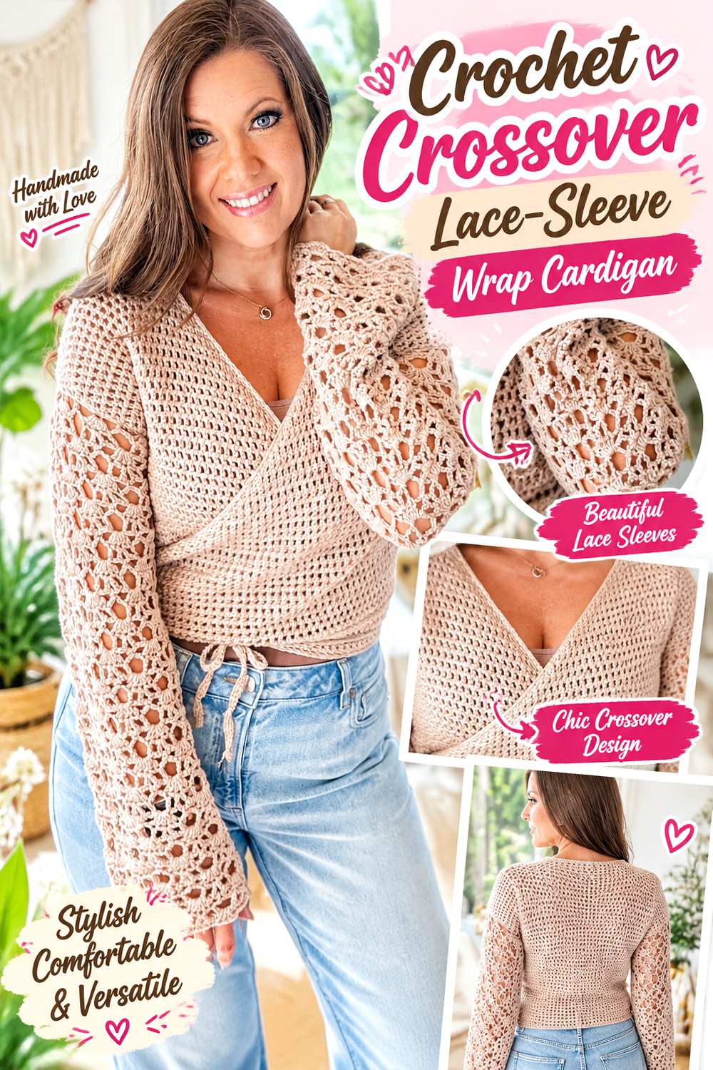 Crochet Crossover Lace Sleeve Wrap Cardigan