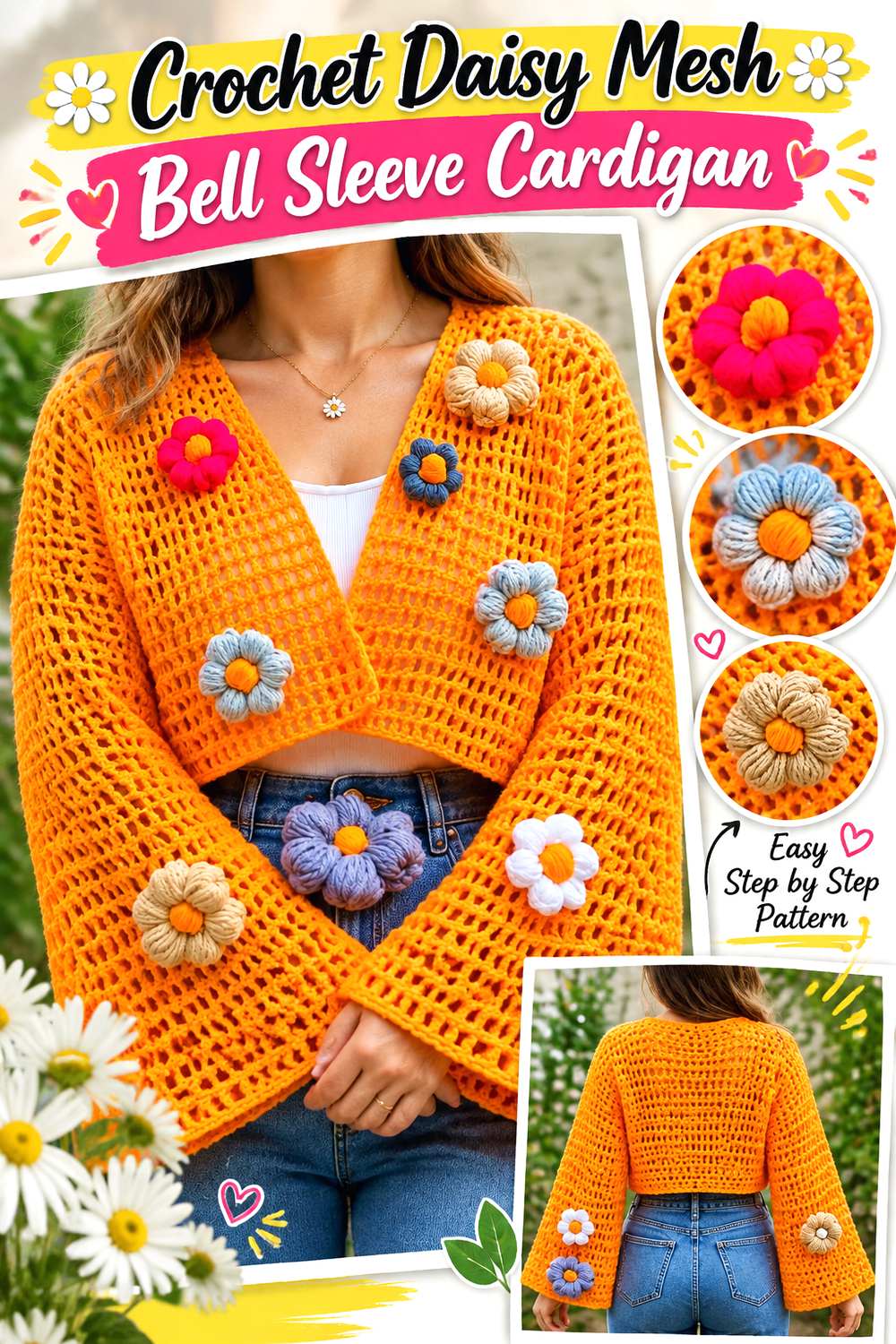 Crochet Daisy Mesh Bell Sleeve Cardigan