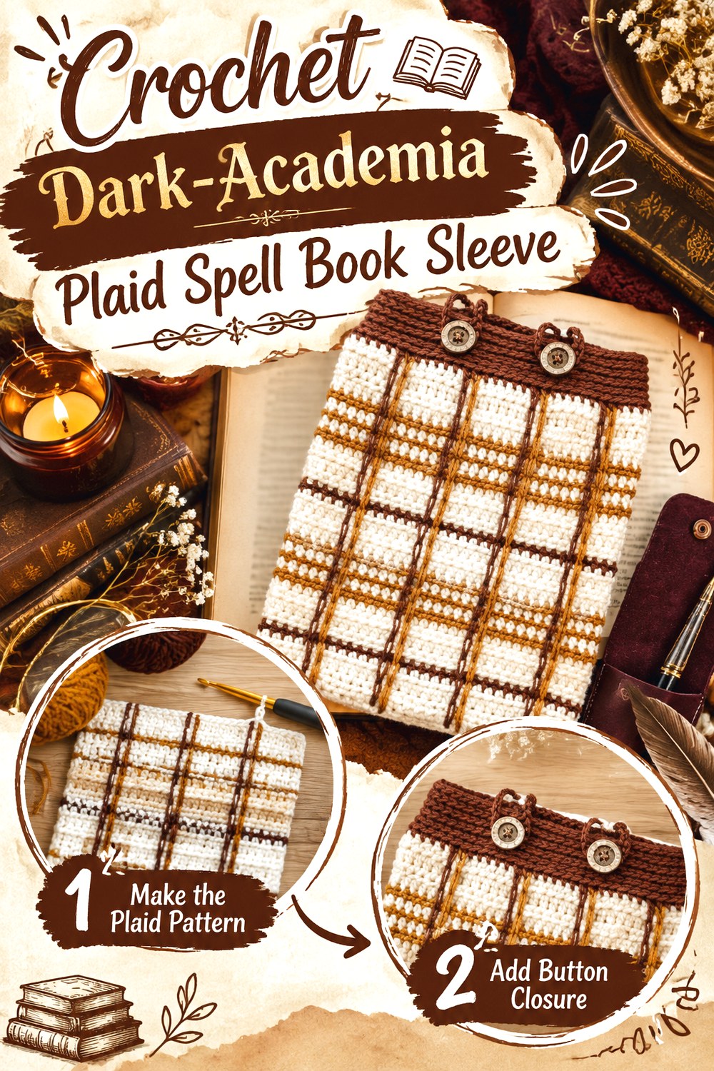 Crochet Dark Academia Plaid Spell Book Sleeve
