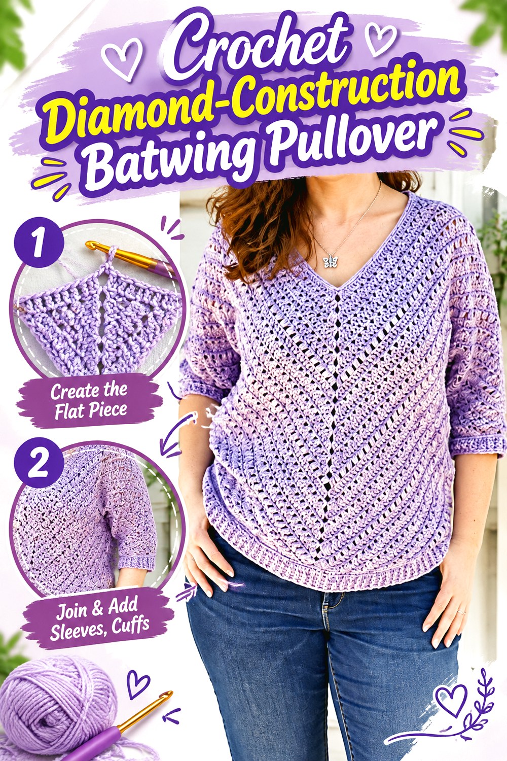 Crochet Diamond Construction Batwing Pullover