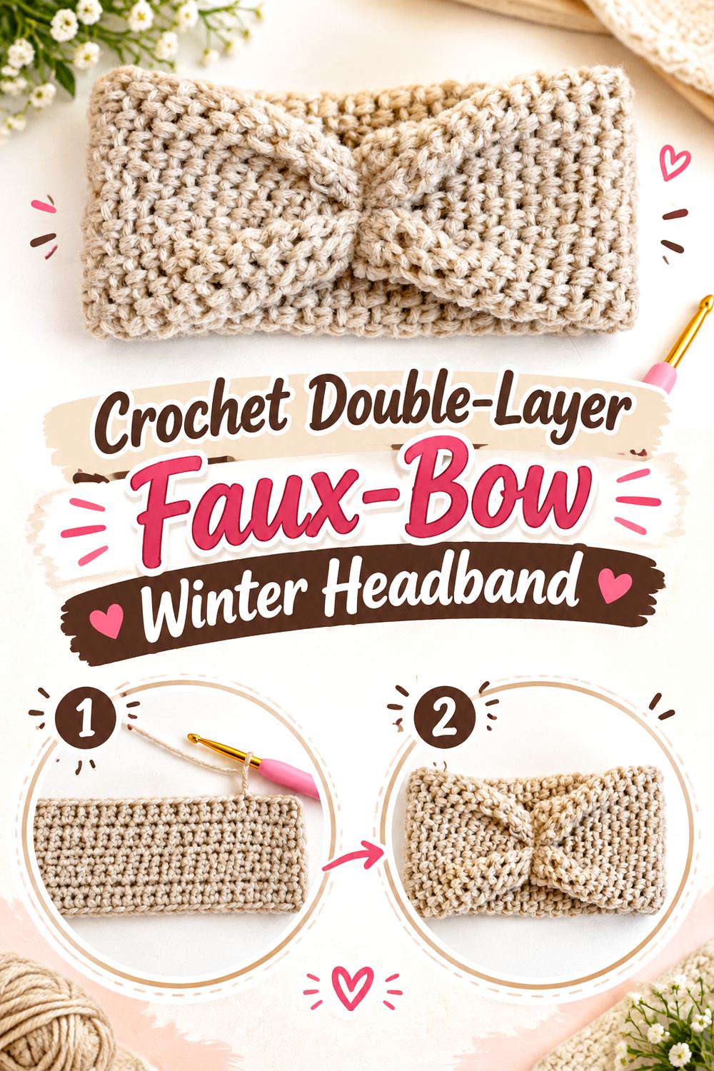 Crochet Double Layer Faux Bow Winter Headband