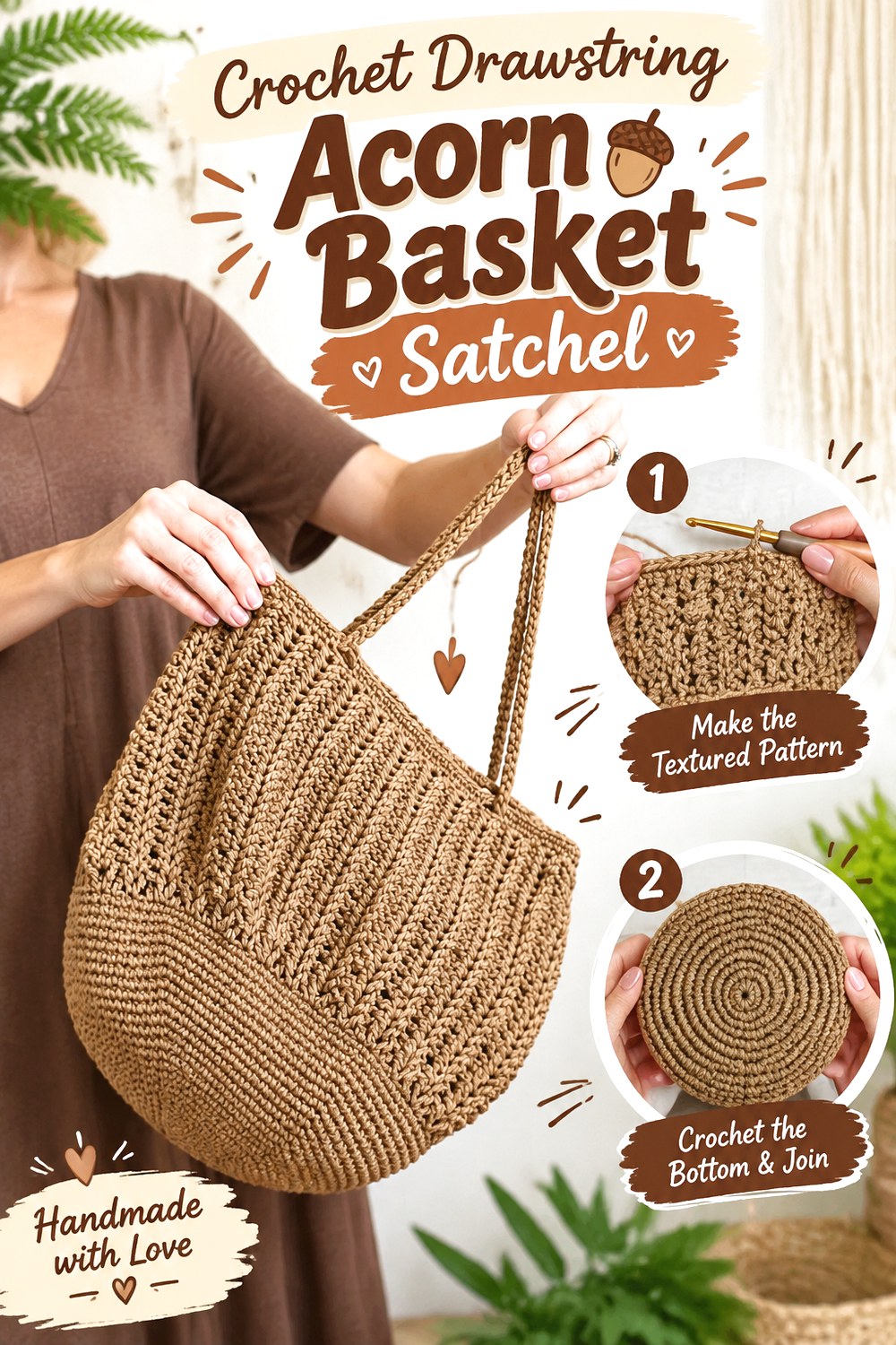 Crochet Drawstring Acorn Basket Satchel