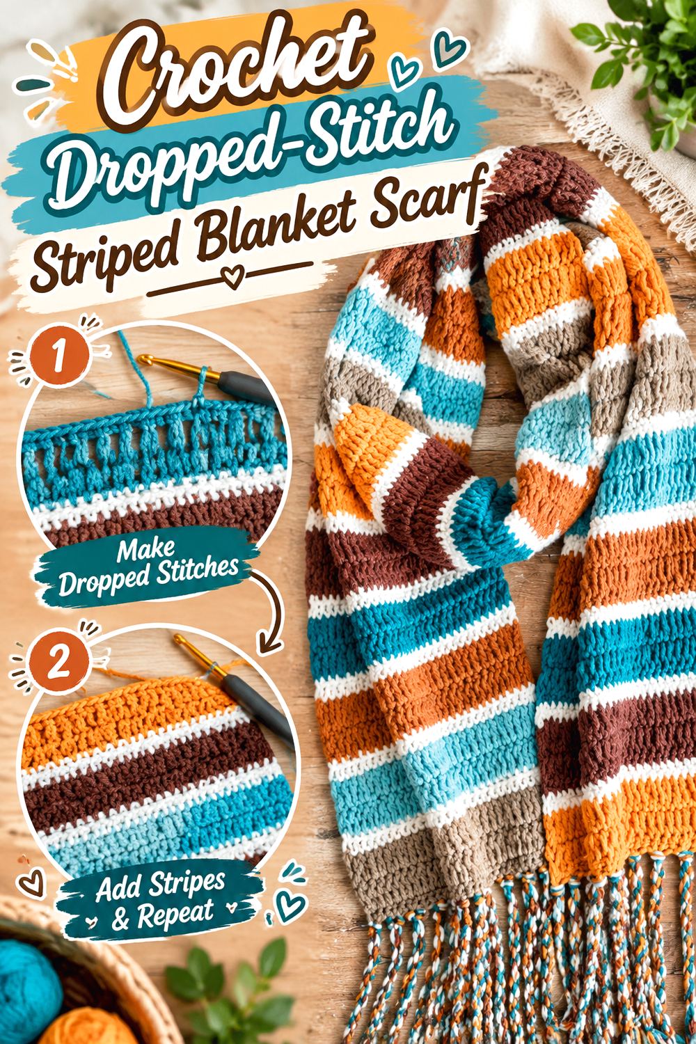 Crochet Dropped Stitch Striped Blanket Scarf
