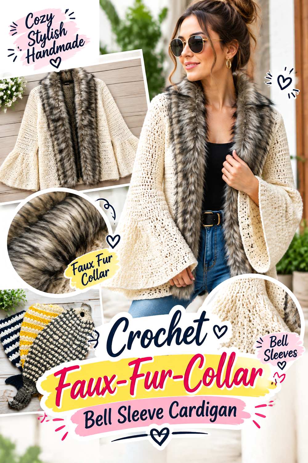 Crochet Faux Fur Collar Bell Sleeve Cardigan